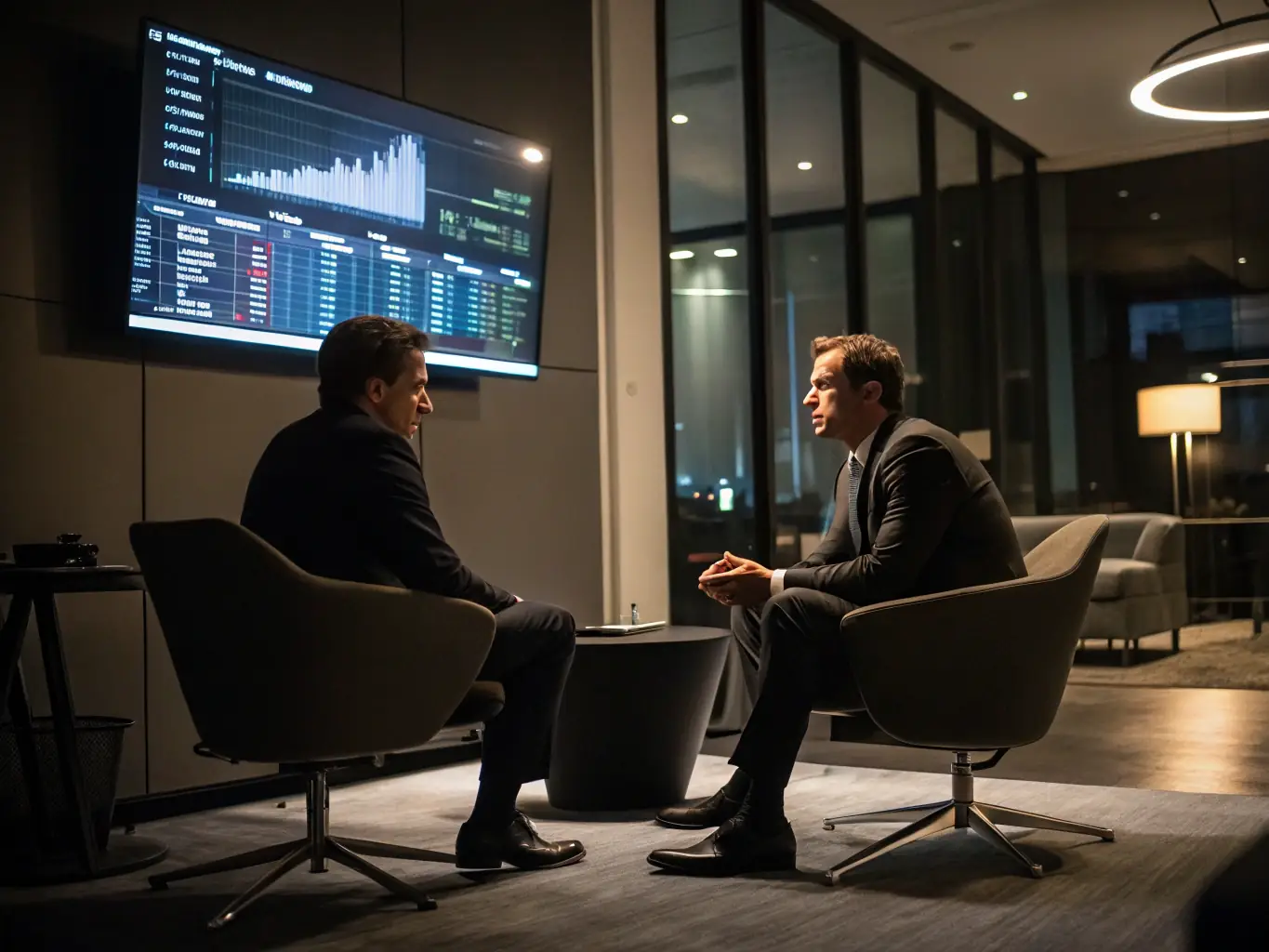 An image of a professional financial advisor discussing strategies with a business owner over a laptop, in a modern office setting. The advisor is pointing at a financial chart on the screen, illustrating data-driven decision-making.