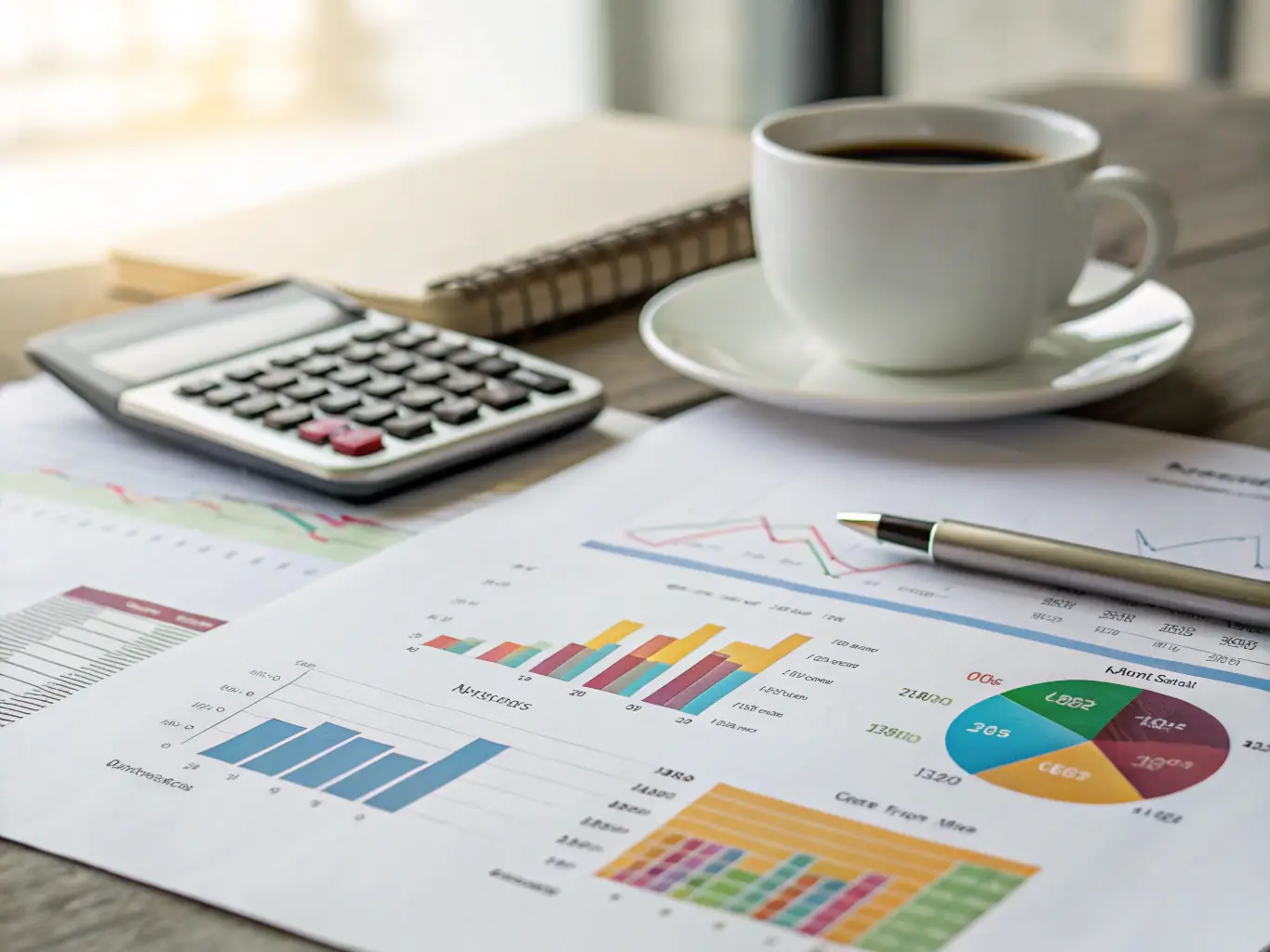 A professionally formatted financial report with key metrics highlighted, presented on a desk with a calculator and pen.